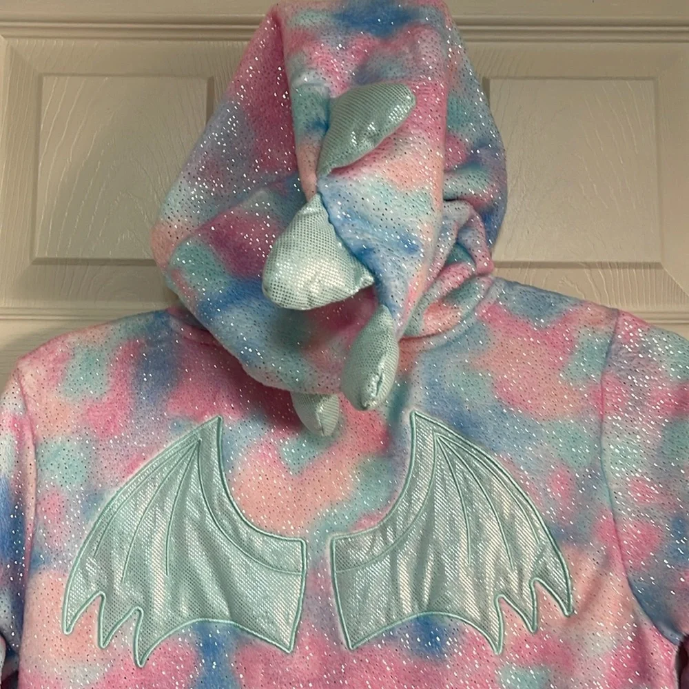 Justice size 10 One Piece Hooded Tie Dye Magical Dragon Wings Pastel